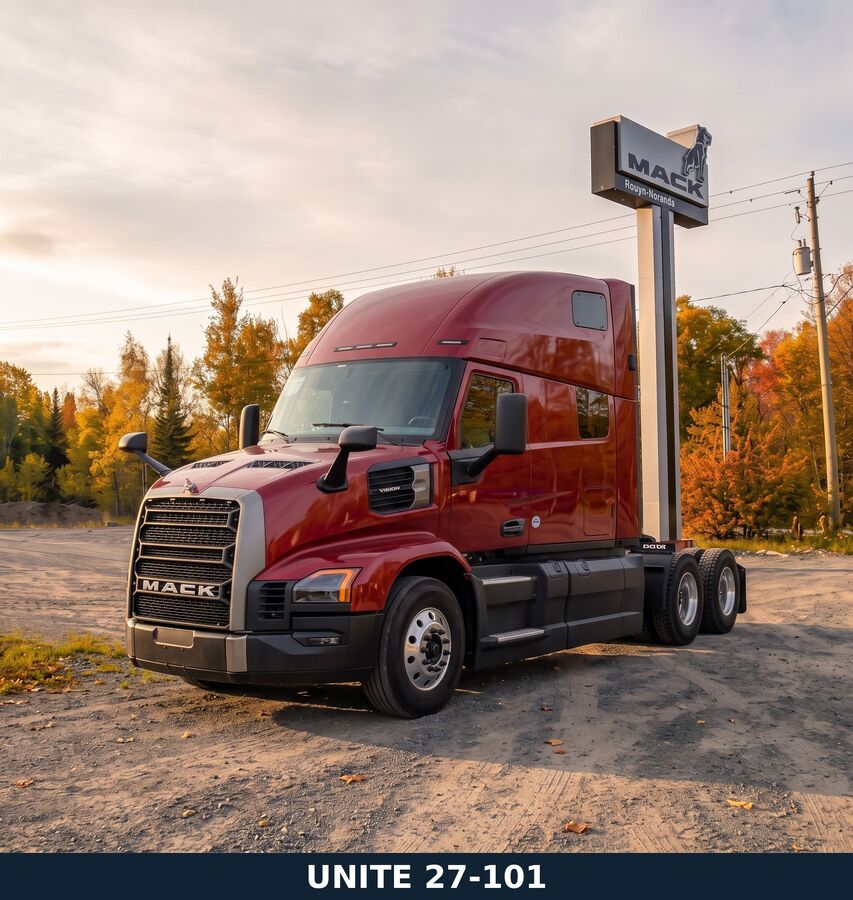 <p>Mack Pioneer 2027 neuf, classe 8 (modèle PR64TV04), avec une couchette de 76 pouces pour la longue route. Il est équipé du moteur Mack MP13 de 515 HP et 1 900 lb-pi de couple, jumelé à la transmission automatisée mDRIVE à 12 vitesses. Il roule sur un essieu avant Mack FXL14.6 de 14 600 lb et des essieux arrière Meritor RT46-160 de 46 000 lb. Pour information ou soumission : 819 762-1751.</p>