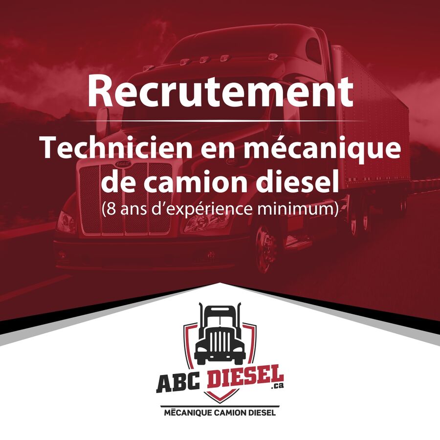 Les avantages de travailler chez ABC Diesel Inc:

- Horaire de travail flexible entre 6 :00 et 17 :00 Lundi au Vendredi
- Vendredi d'été de Mai à Octobre, journée de travail de 6 heures
- Paie hebdomadaire par dépôt direct
- 5 semaines de congé par année
- Salaire très compétitif
- Assurance collective complète payée à 100 % - Wow !!!
- REER collectif
- Bottes fournies
- Uniformes fournis
- Formation continue
- Outils spéciaux fournis
- Possibilité de faire des heures supplémentaires sur demande

- Il y a 2 postes a comblé dès que possible:

- Poste de technicien diesel en diagnostique et réparation de moteur
- Poste de technicien diesel en mécanique générale