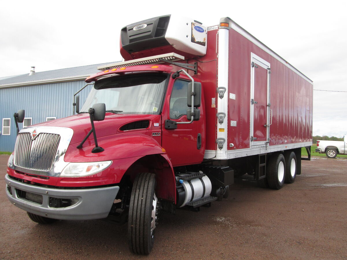<p>#2954 2019 International MV607 is a professional-grade reefer truck designed for demanding temperature-controlled transport. Powered by a 330 HP Cummins L9 engine paired with a 6-speed Allison automatic transmission with overdrive. The chassis features a 6x4 drive configuration with tandem rear axles, air ride suspension, a 254-inch wheelbase, and an axle spread 52 inch. The 26 foot 8 inches insulated box is equipped with a Carrier reefer unit showing 24,000 hours, roll-up rear door, curb and road side doors for efficient loading. With a GVW of 54,000lbs, front axle 14000lbs rear 40000lbs, 11R22.5 tires (Wear remaining front new, rear 65%) on aluminum/steel wheels, and a set-back axle design, this operable Class 8 vehicle with 522500kms and a commercial MVI is ready to integrate into your fleet. $62,500</p>