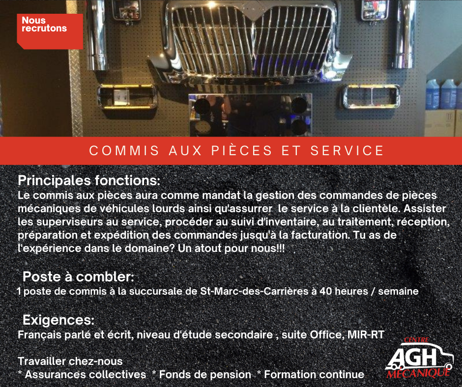 Poste de commis aux pièces et service

Veuillez nous faire parvenir votre CV à jpetitclerc@mecaniqueagh.com